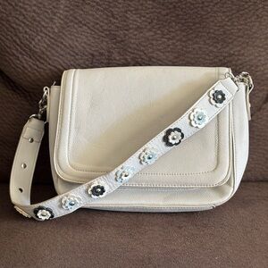 Emma Fox Gray Pebbled Leather Shoulder Bag with Floral Strap
